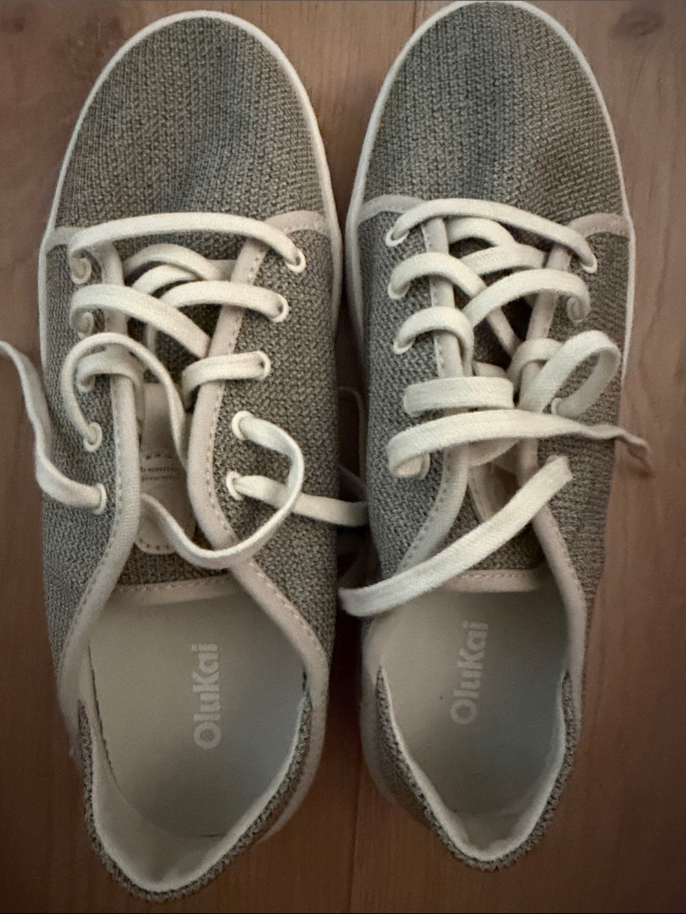 OluKai Women’s Light Gray Knit Lace-Up Sneakers with Cream Accents